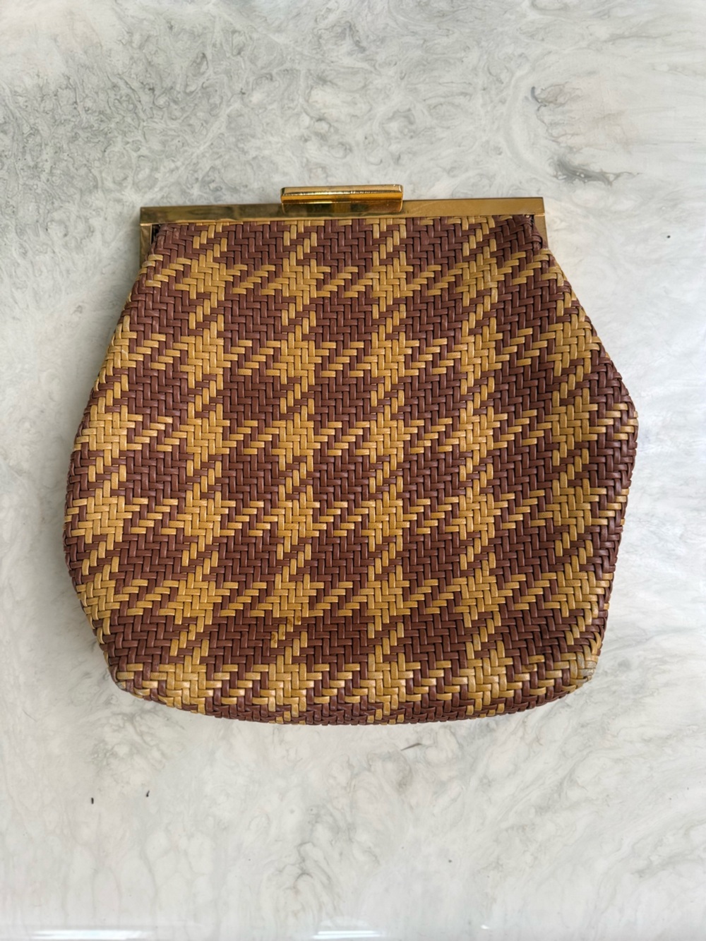 Marni Woven Clutch in Brown & Yellow with Gold-Tone Frame